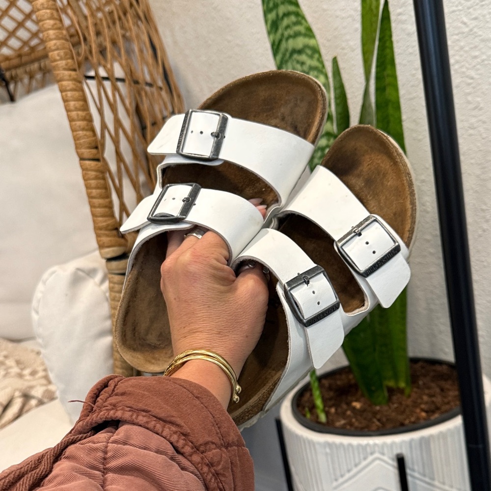 White Birkenstock Arizona Buckle Sandals